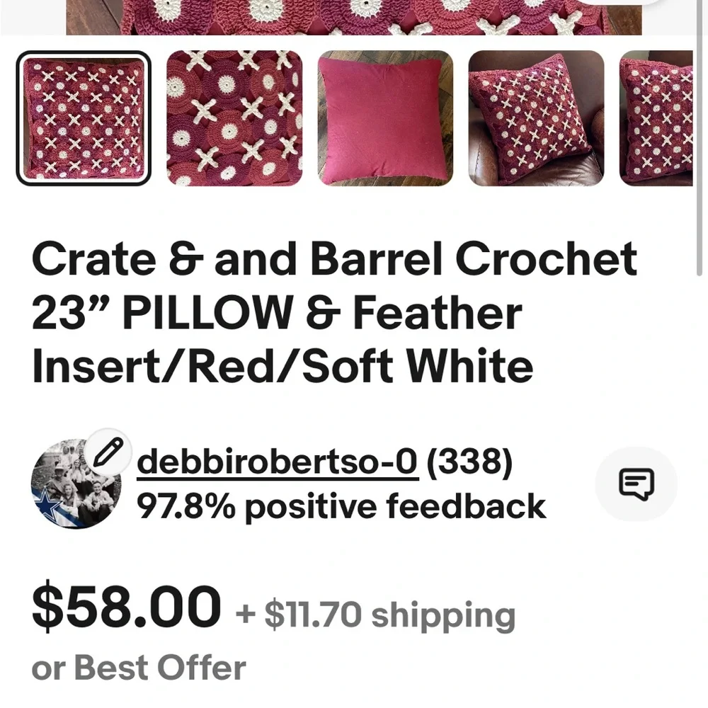 Crate & Barrel crocheted throw pillow 23”